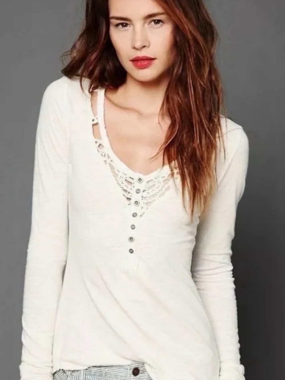 We The Free White Lace-Trim Henley Long Sleeve Top Size Medium